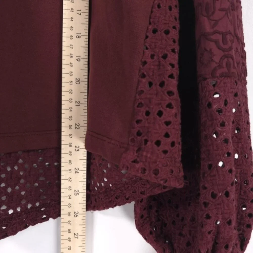 Anthropologie Plum Eyelet Yoke VNeck Pullover Sweatshirt Ballon Sleeve Top SMALL
